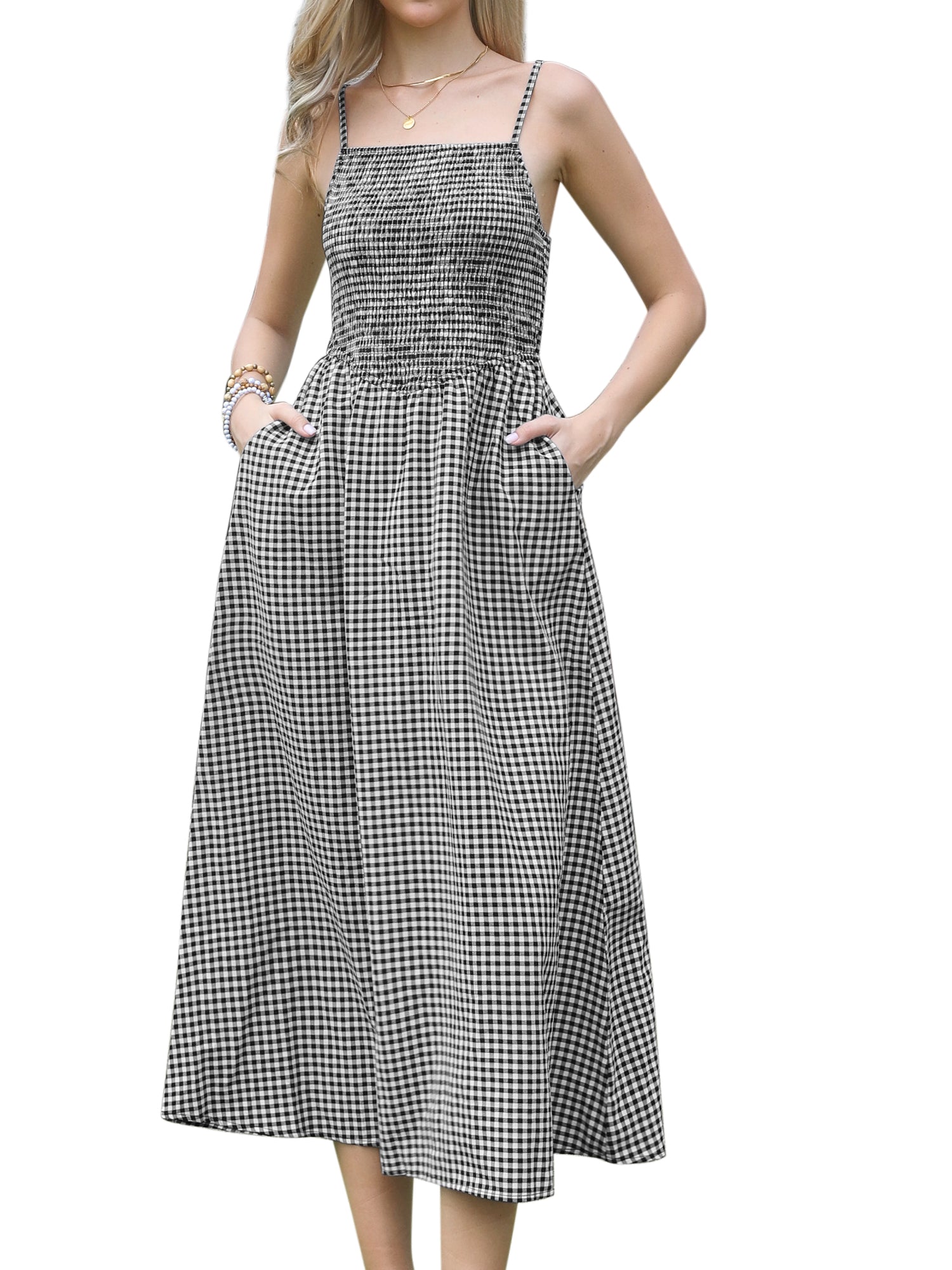 Gingham Spaghetti Strap Pockets Smocked A-Line Dress Sundress
