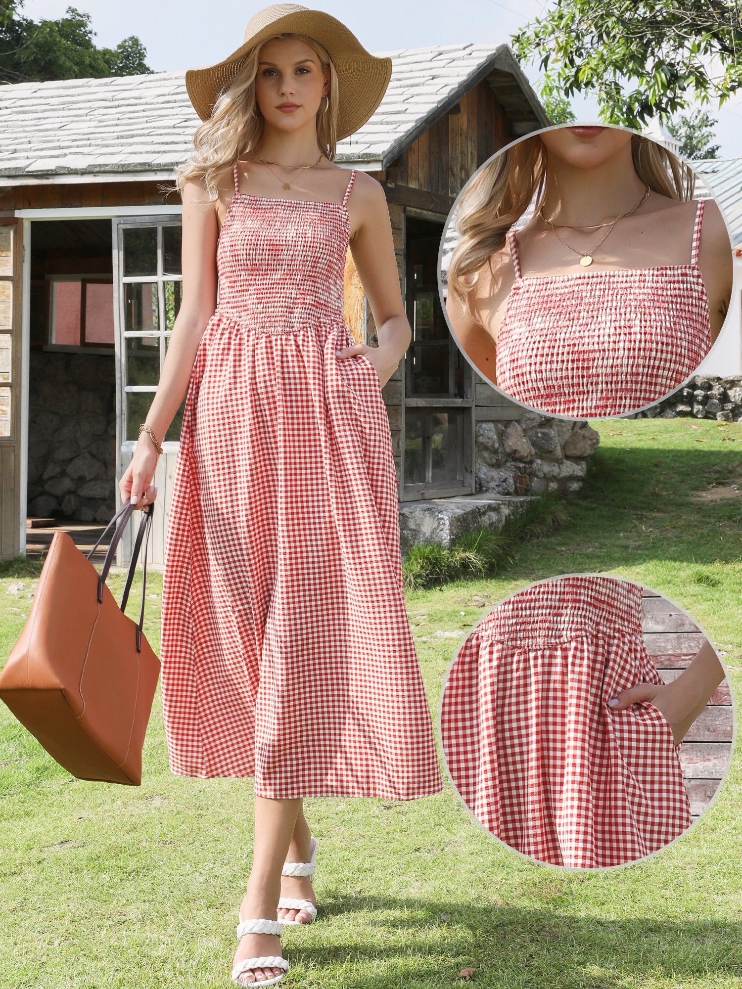 Gingham Spaghetti Strap Pockets Smocked A-Line Dress Sundress