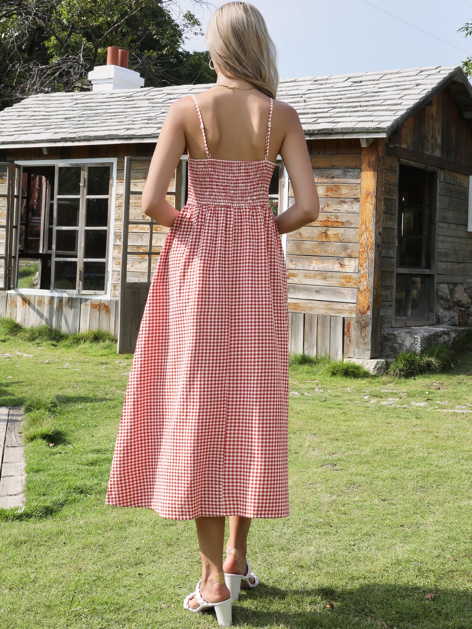 Gingham Spaghetti Strap Pockets Smocked A-Line Dress Sundress