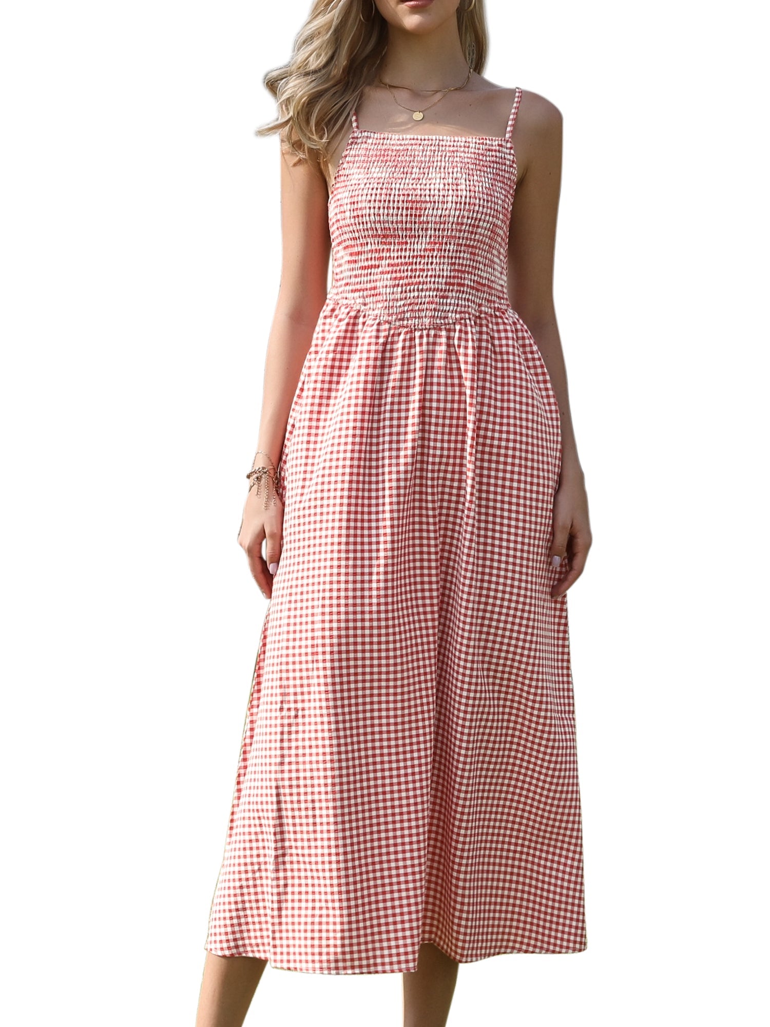 Gingham Spaghetti Strap Pockets Smocked A-Line Dress Sundress