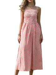 Gingham Spaghetti Strap Pockets Smocked A-Line Dress Sundress