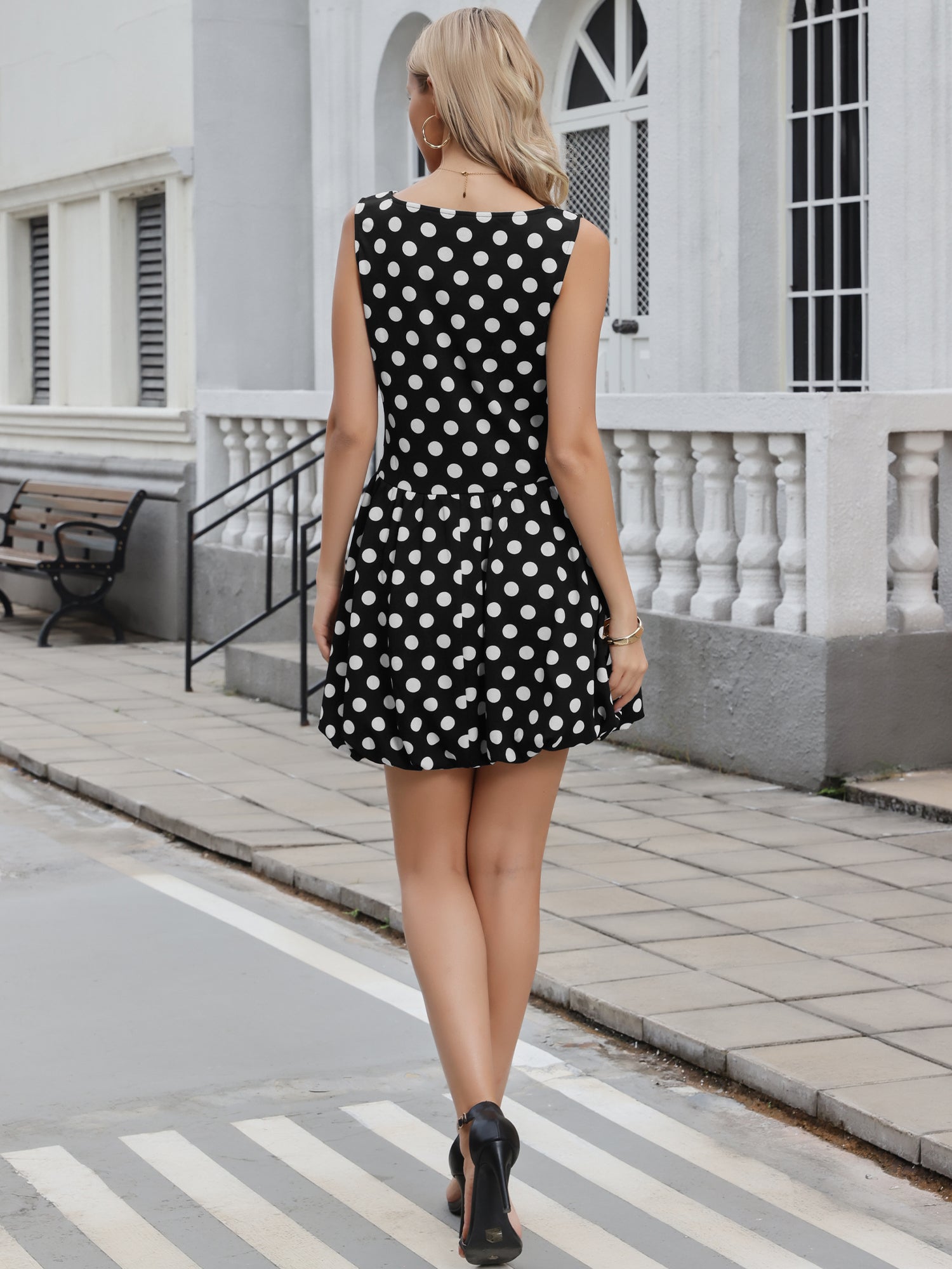 Polka Dot Sleeveless Crew Neck Mini Puff Dress