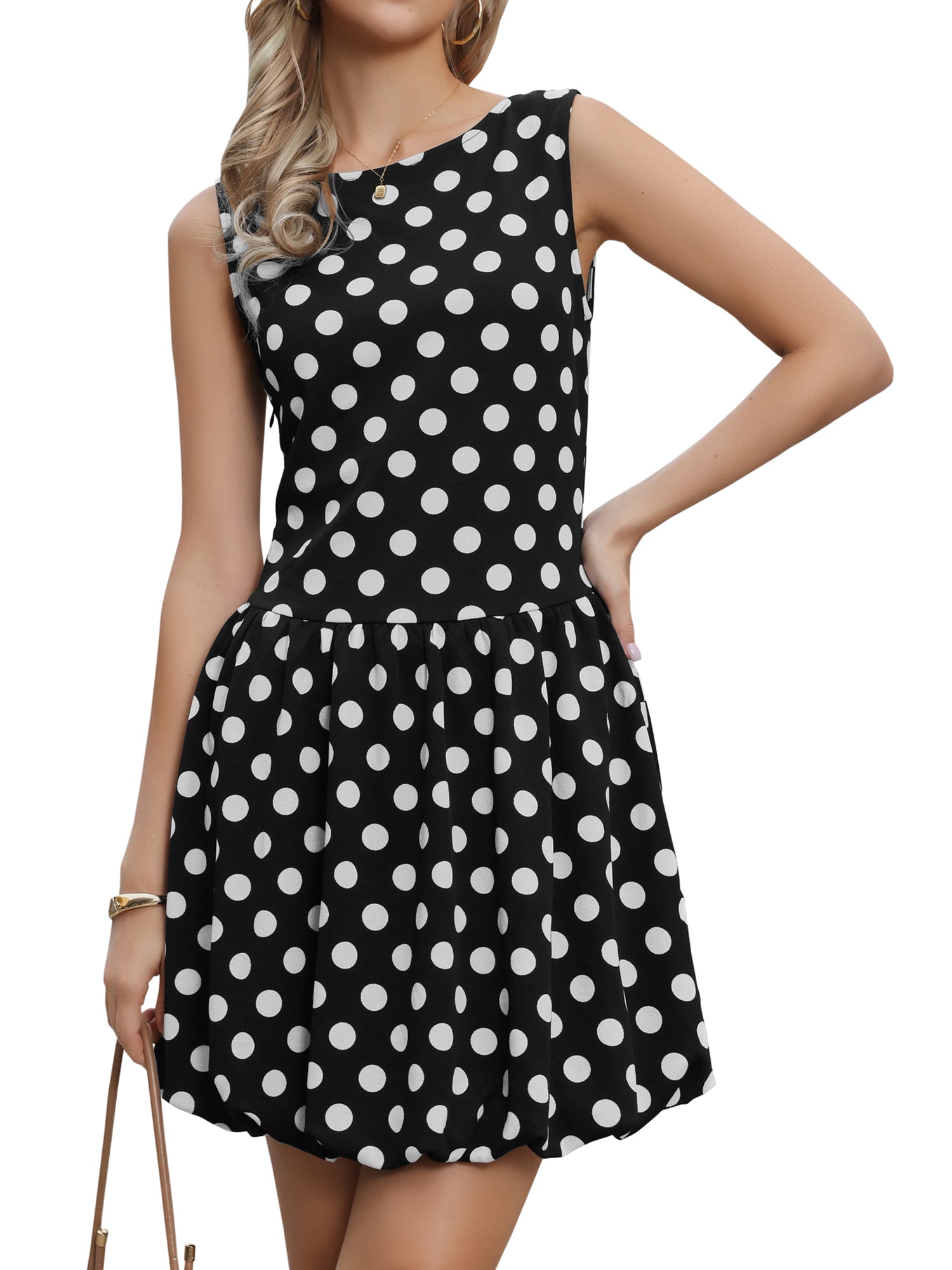 Polka Dot Sleeveless Crew Neck Mini Puff Dress