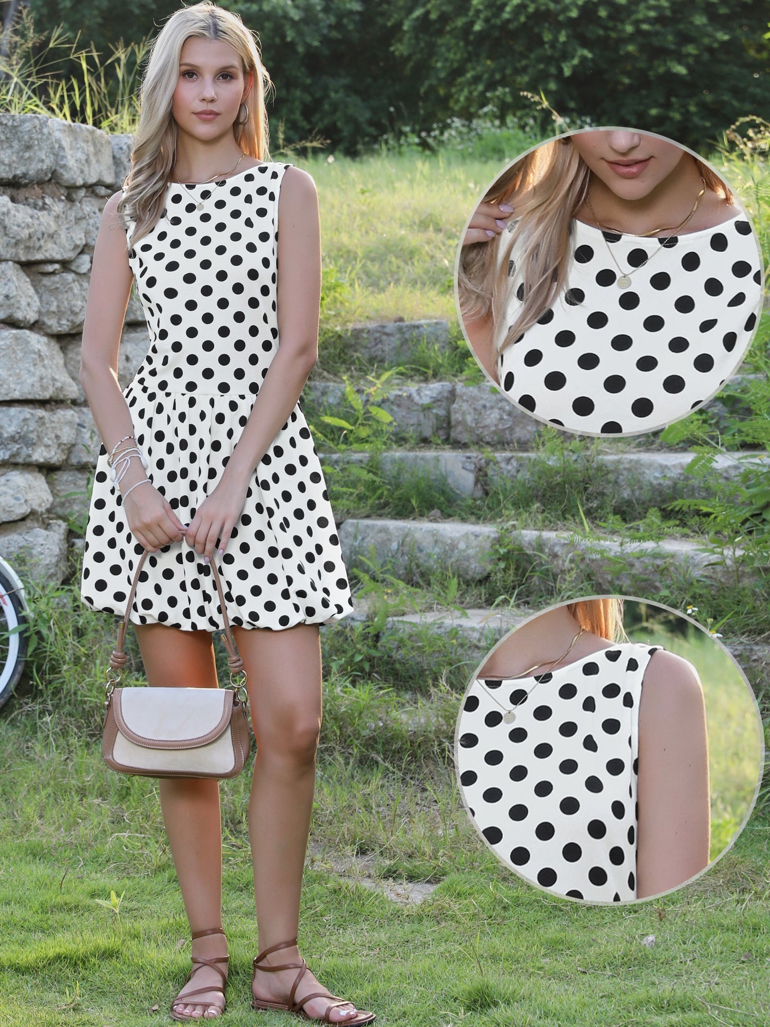 Polka Dot Sleeveless Crew Neck Mini Puff Dress
