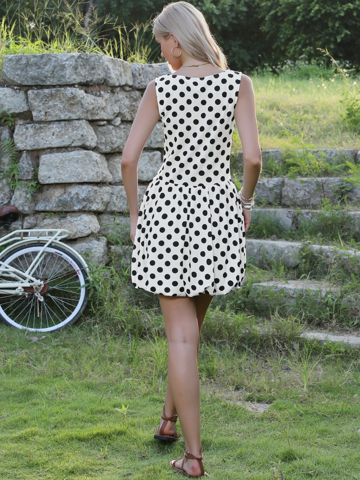 Polka Dot Sleeveless Crew Neck Mini Puff Dress
