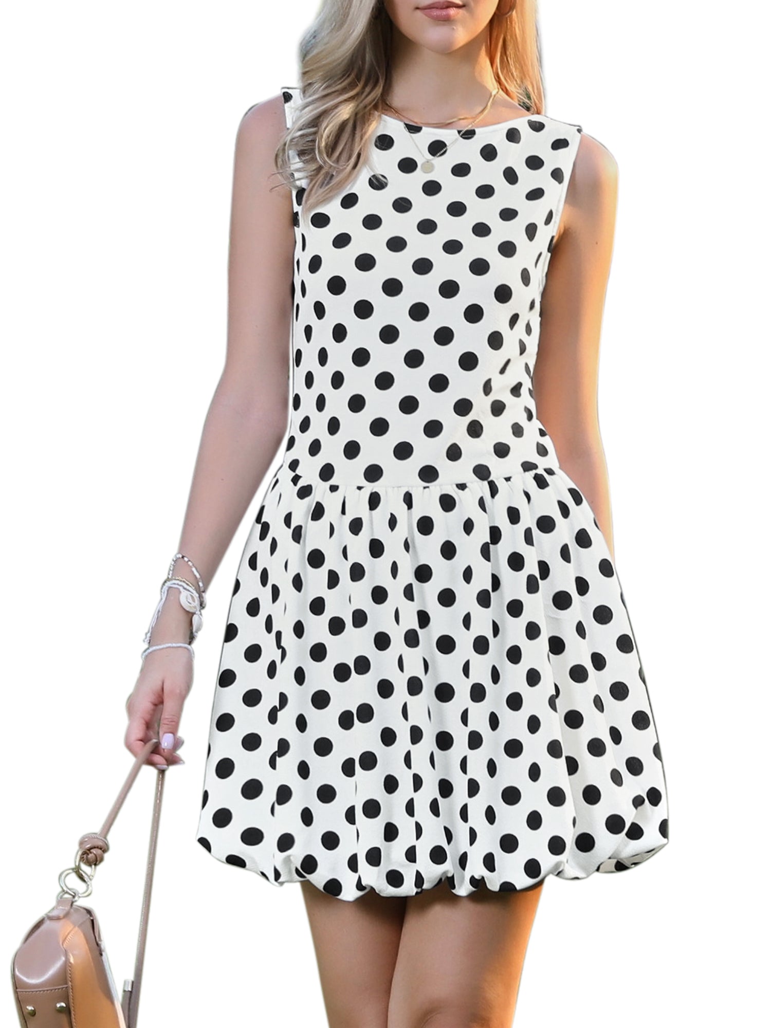Polka Dot Sleeveless Crew Neck Mini Puff Dress