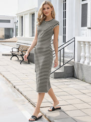 Striped Crew Neck Cap Sleeve Knit Midi Dress