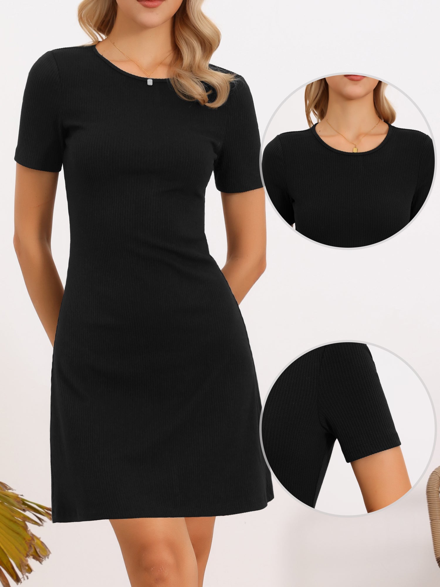 Short Sleeves Solid Color Knitted Slim Fit Mini Dress
