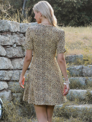 Leopard Crew Neck Ruched Short Sleeve Knee Length A Line Dress