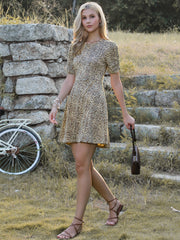 Leopard Crew Neck Ruched Short Sleeve Knee Length A Line Dress