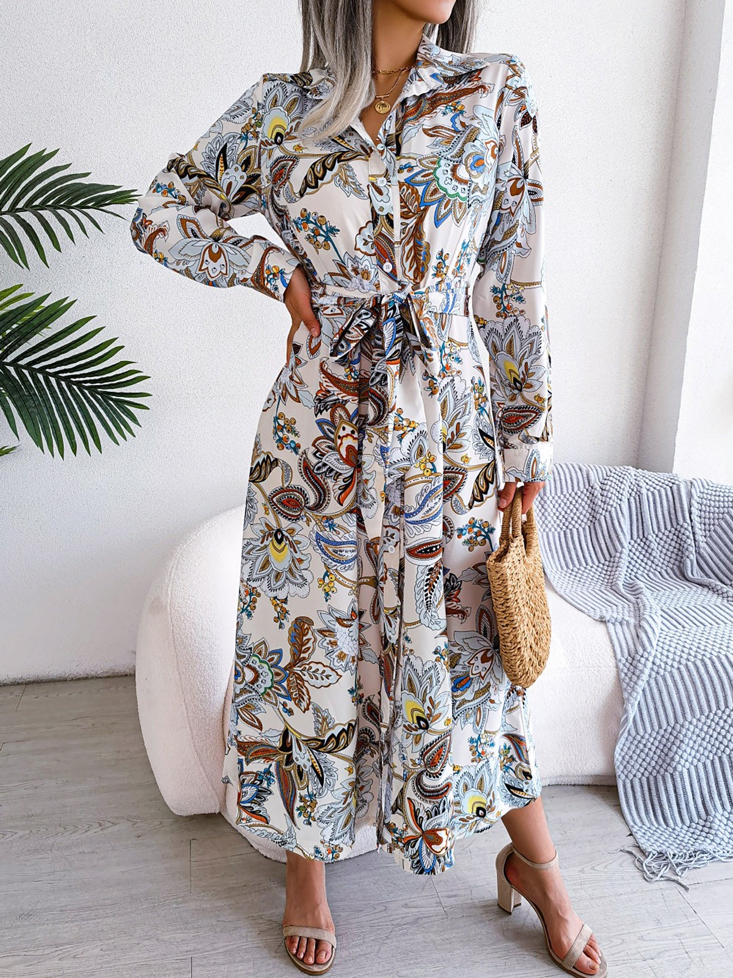 Lapel Boho Paisley Long Sleeves Tie Waist Midi Dress