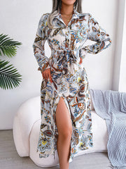 Lapel Boho Paisley Long Sleeves Tie Waist Midi Dress