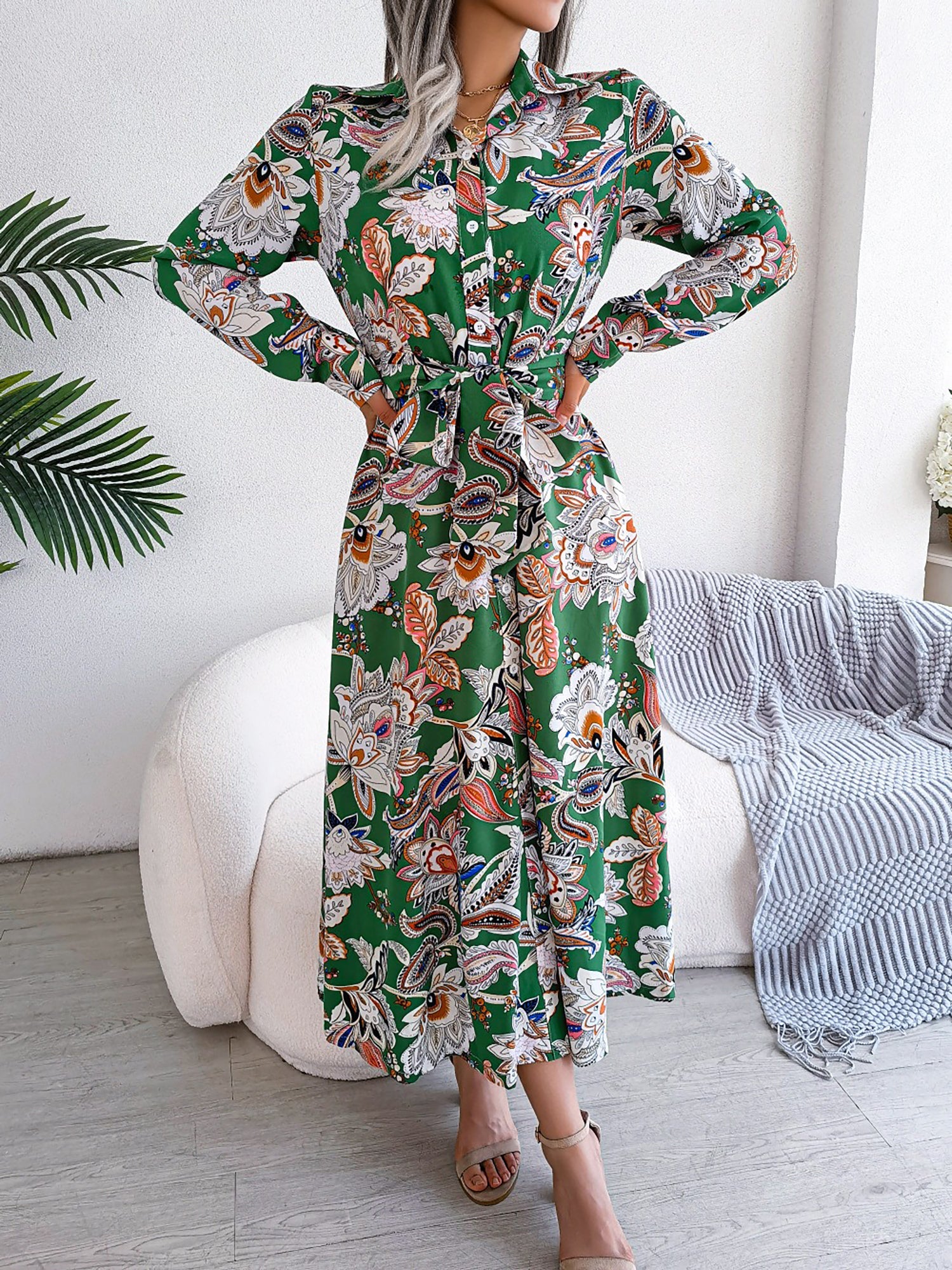 Lapel Boho Paisley Long Sleeves Tie Waist Midi Dress