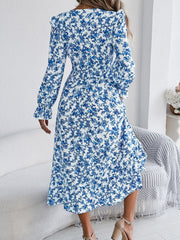 Floral Ruffle Long Sleeves Smocked Waist Midi Dress