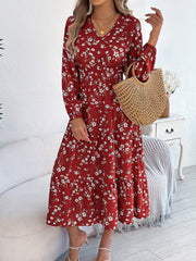 Floral V Neck Long Sleeve Smocked Tiered Midi Dress