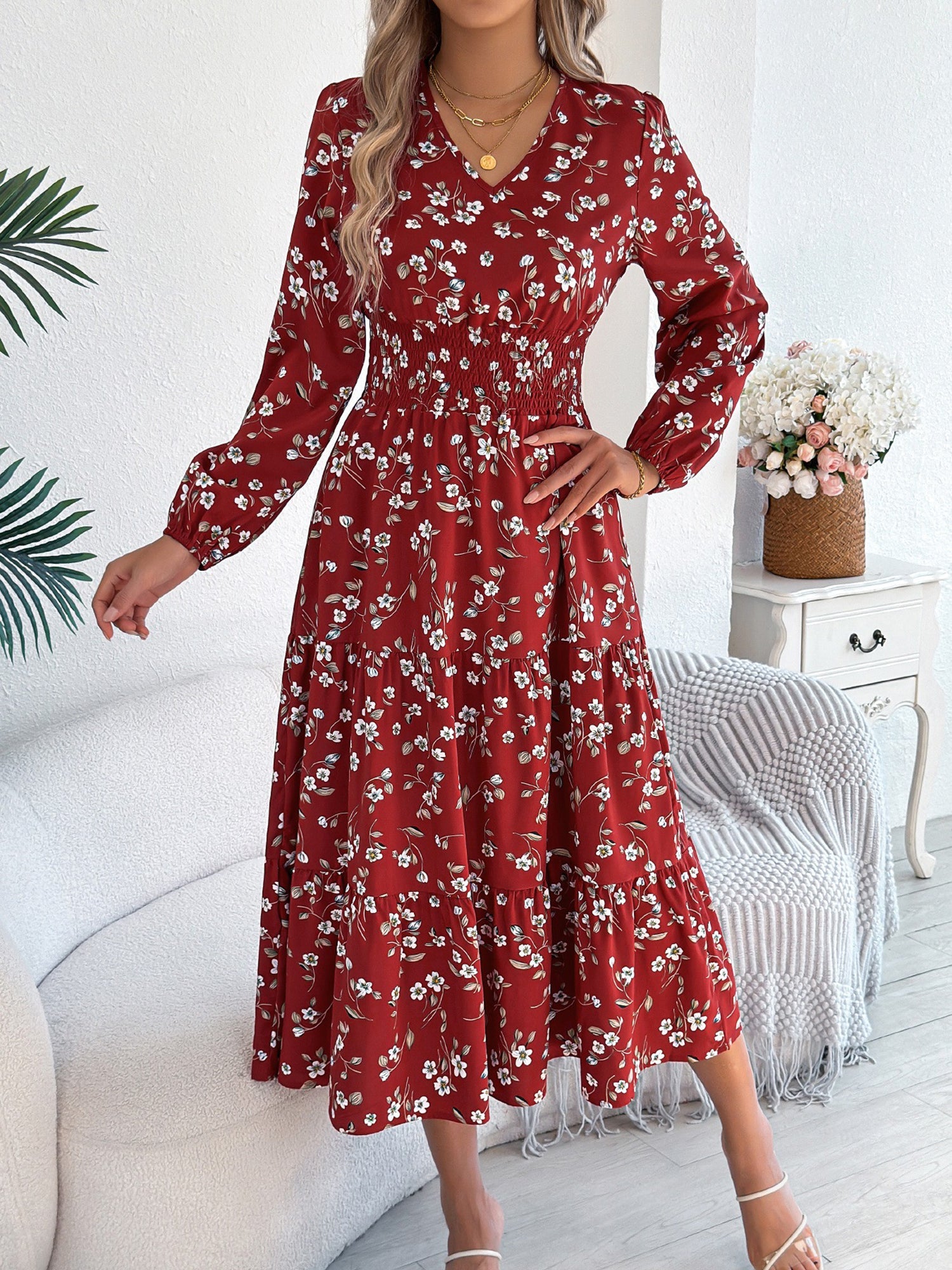 Floral V Neck Long Sleeve Smocked Tiered Midi Dress