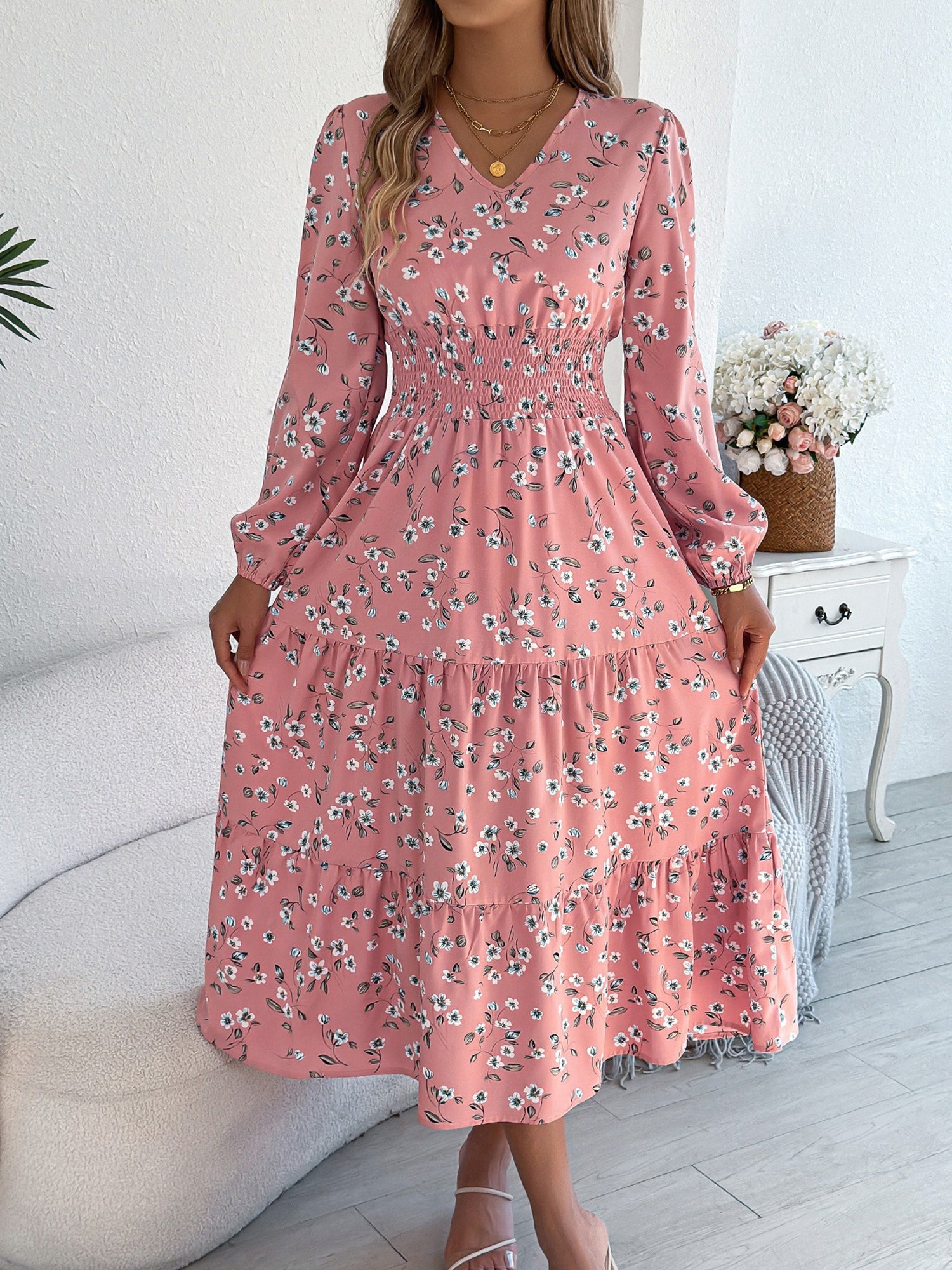 Floral V Neck Long Sleeve Smocked Tiered Midi Dress