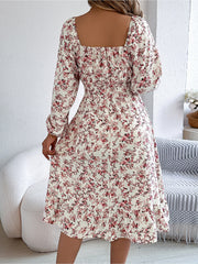 Floral Square Neck Long Sleeve Smocked A-Line Dress