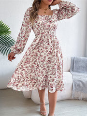 Floral Square Neck Long Sleeve Smocked A-Line Dress
