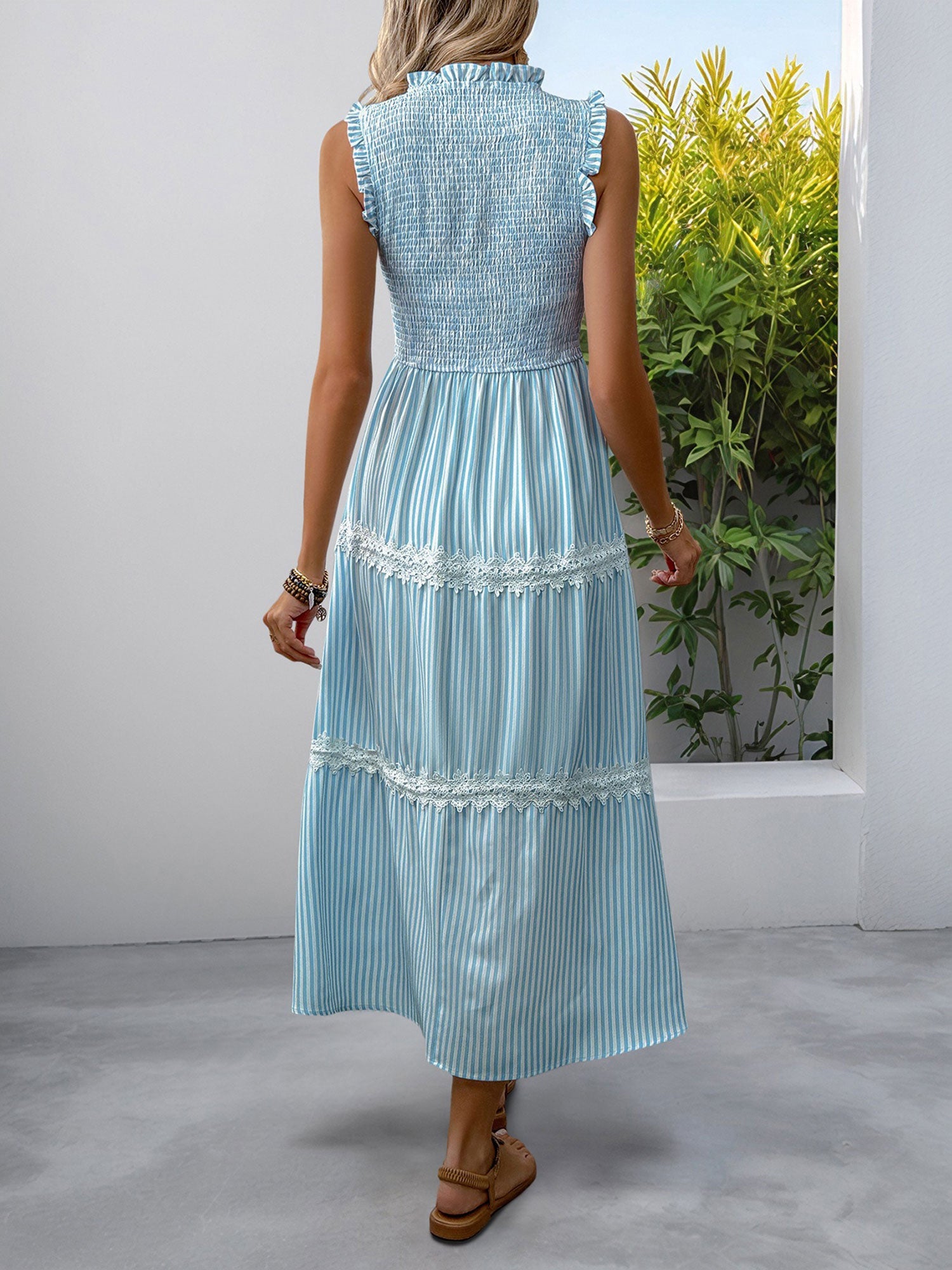 Ruffled Sleeveless Striped Smocked Lace Tiered Dress