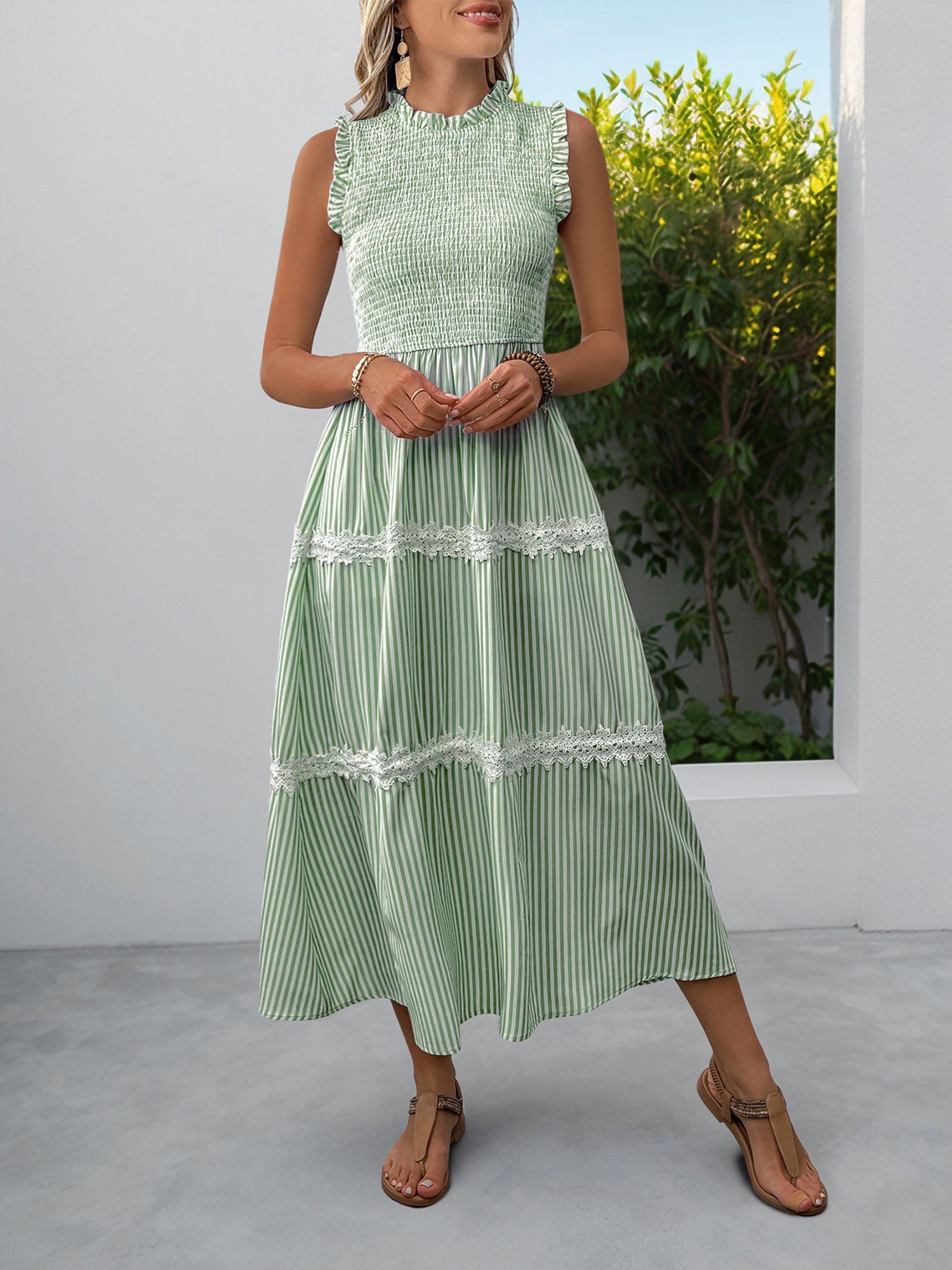 Ruffled Sleeveless Striped Smocked Lace Tiered Dress