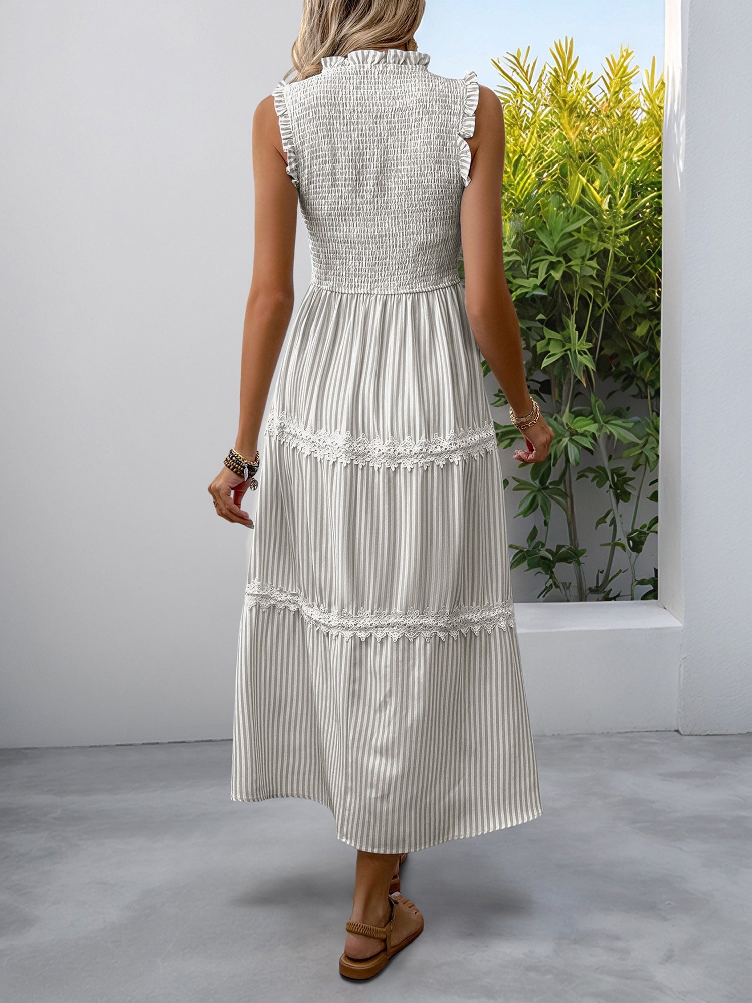 Ruffled Sleeveless Striped Smocked Lace Tiered Dress