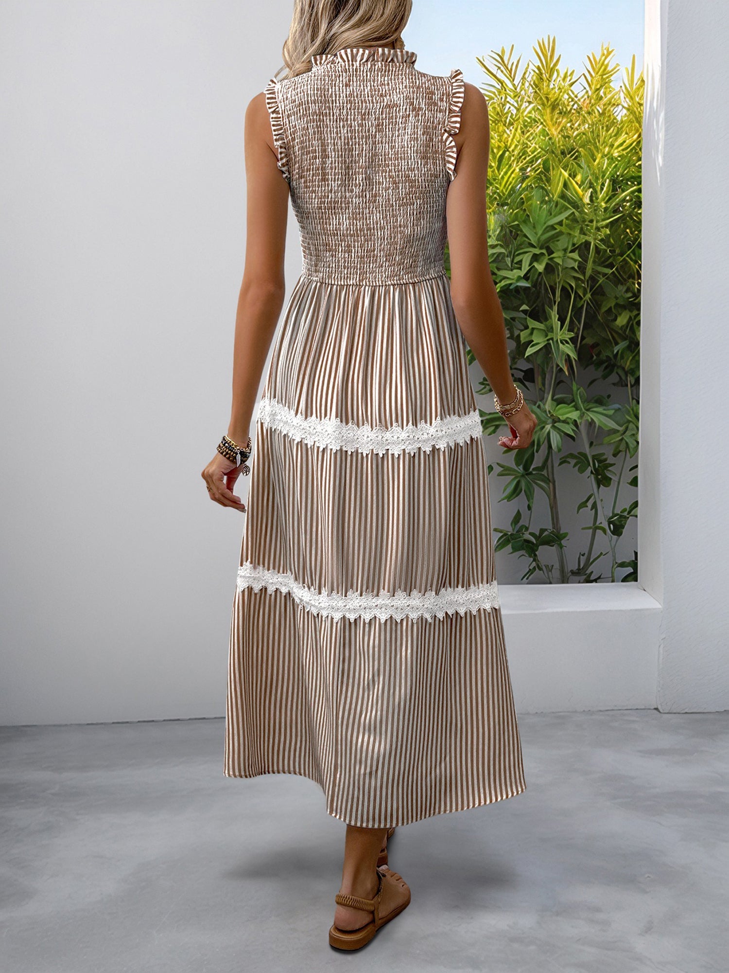 Ruffled Sleeveless Striped Smocked Lace Tiered Dress