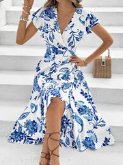 Floral Ruffled Short Sleeves Lace-Up Wrap Dress