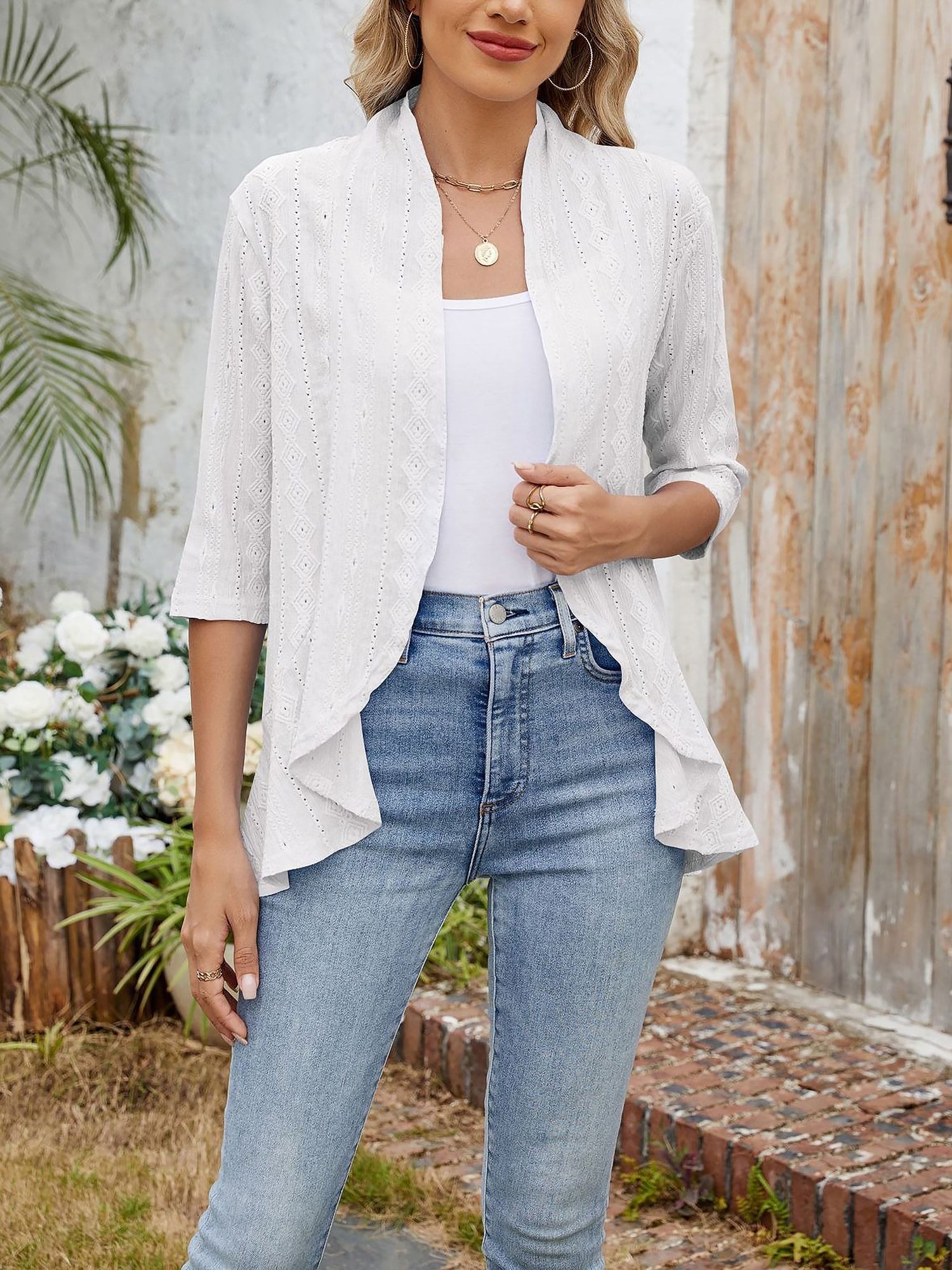 Solid Color 3/4 Sleeve Open Front Eyelet Jacket