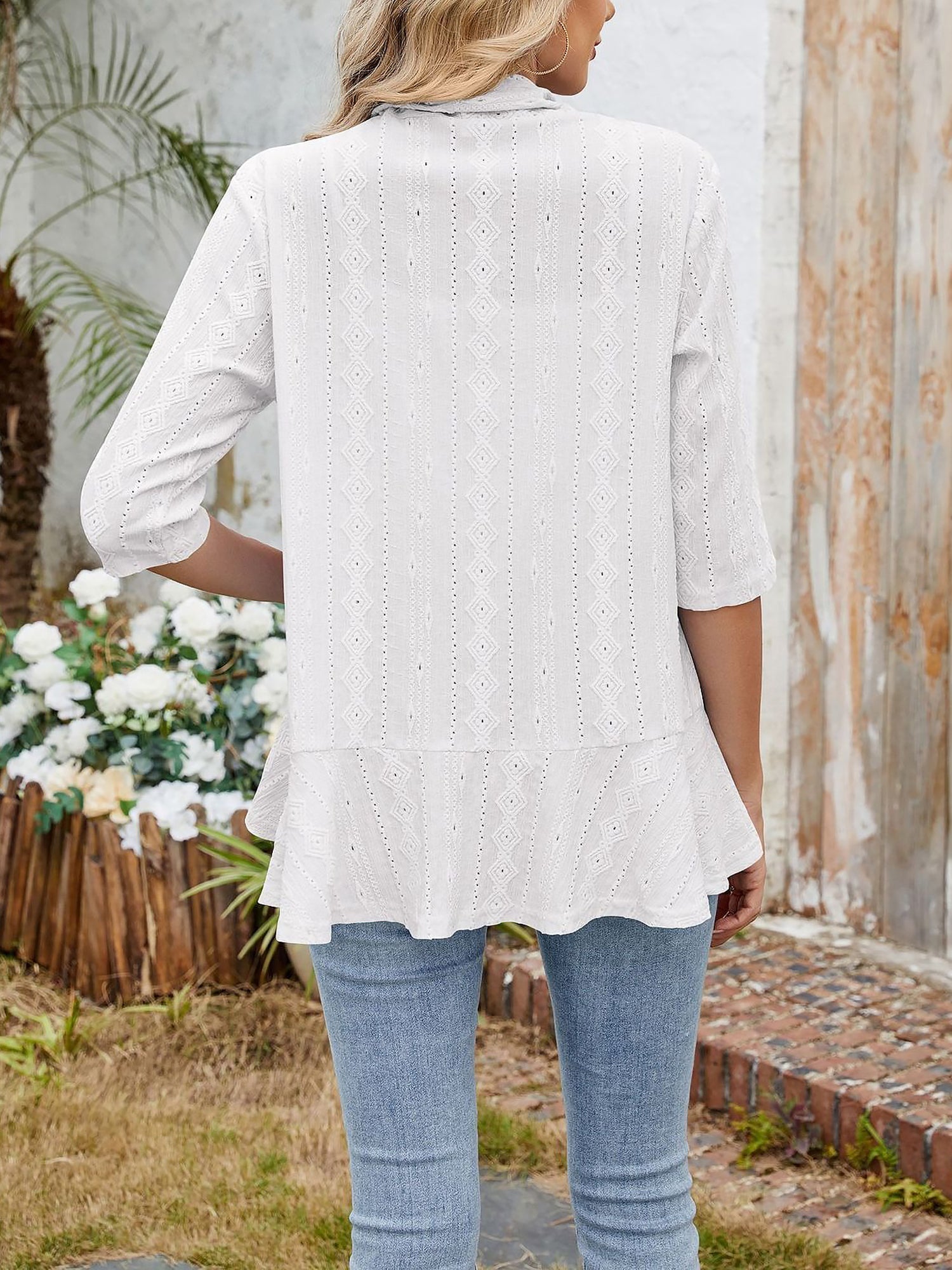 Solid Color 3/4 Sleeve Open Front Eyelet Jacket