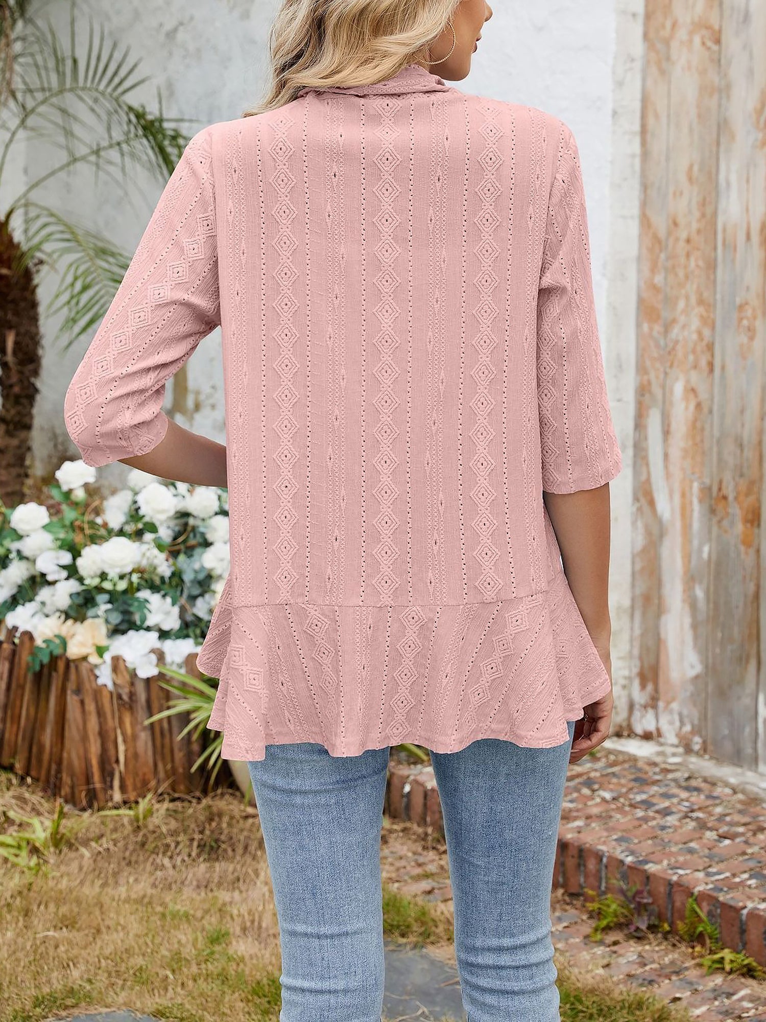 Solid Color 3/4 Sleeve Open Front Eyelet Jacket