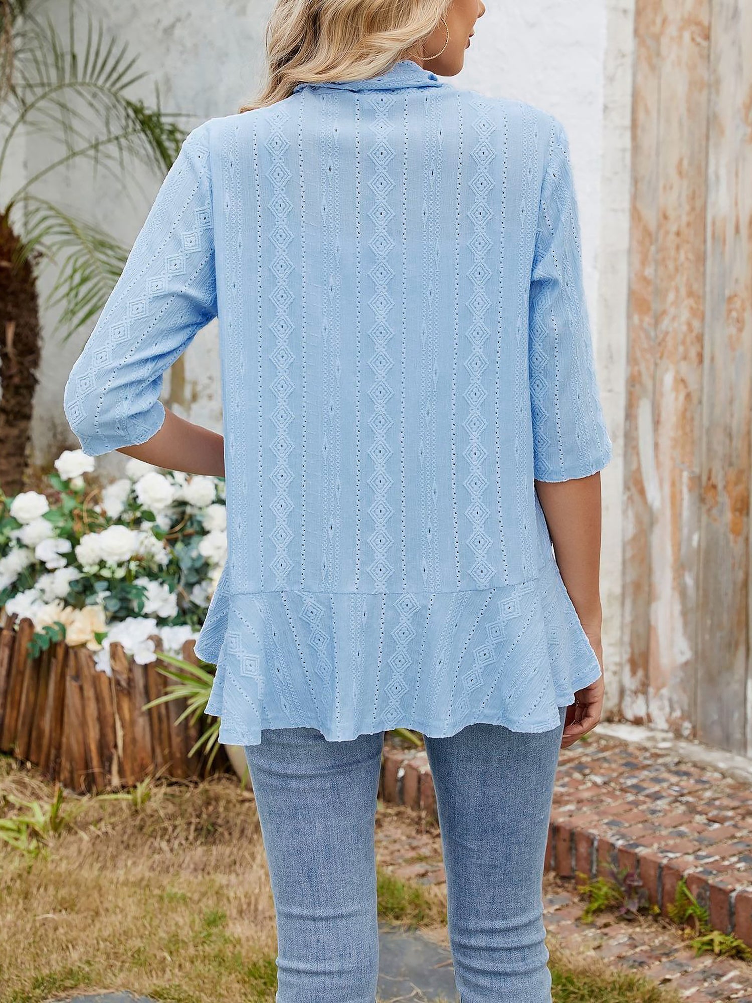 Solid Color 3/4 Sleeve Open Front Eyelet Jacket