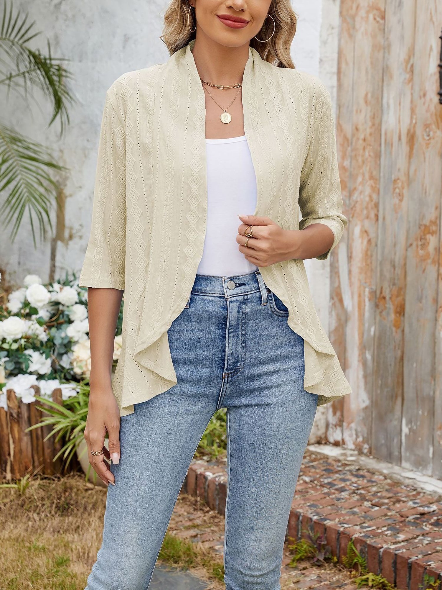 Solid Color 3/4 Sleeve Open Front Eyelet Jacket