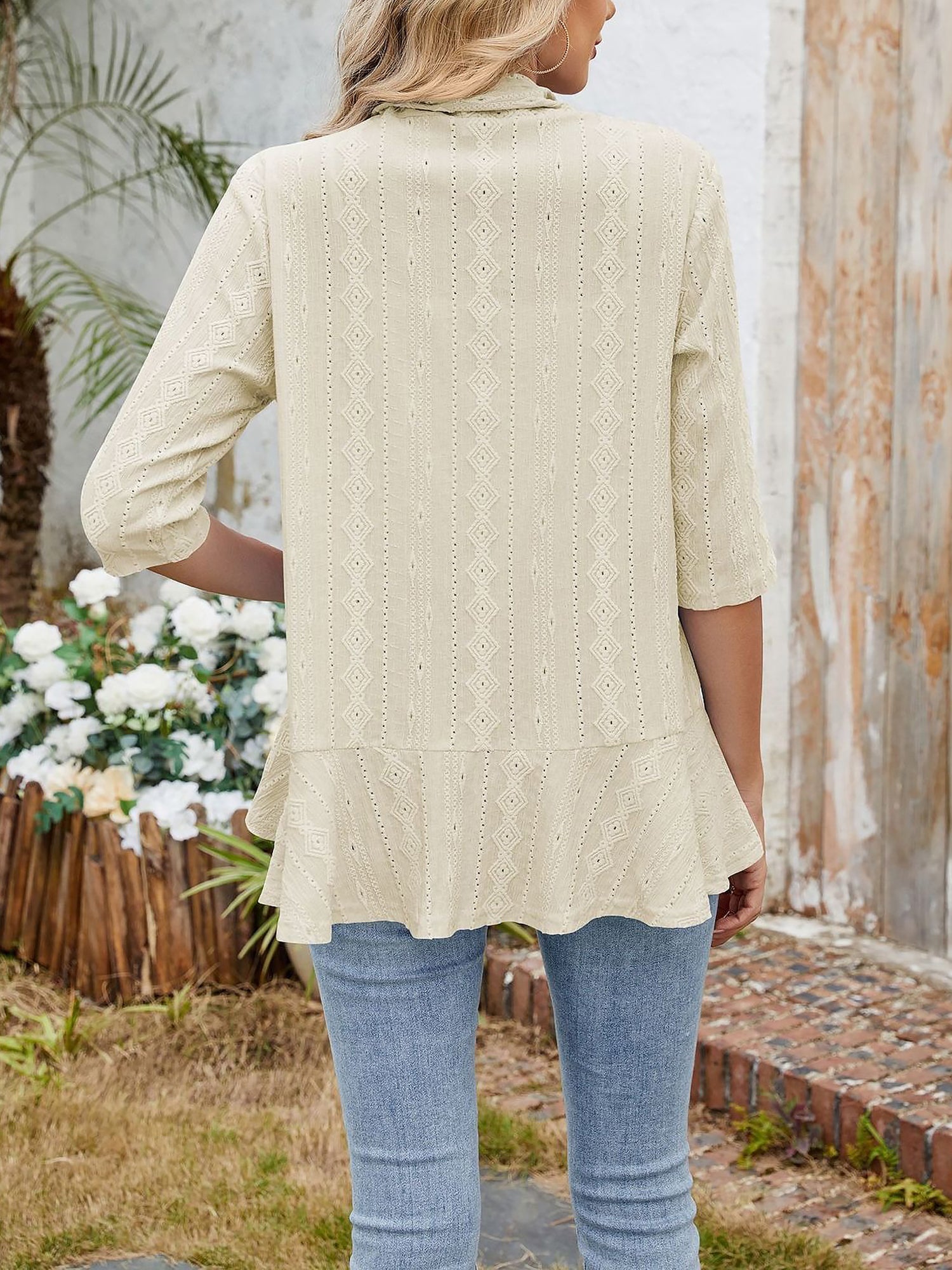 Solid Color 3/4 Sleeve Open Front Eyelet Jacket