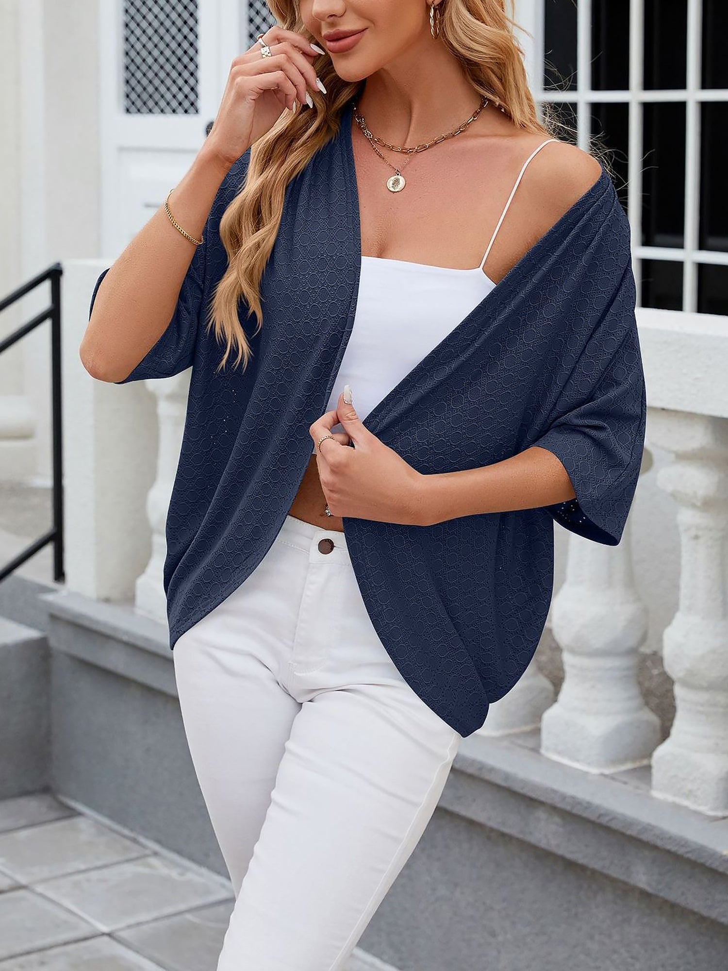 Solid Color Mid Sleeve Textured Open Front Jacket
