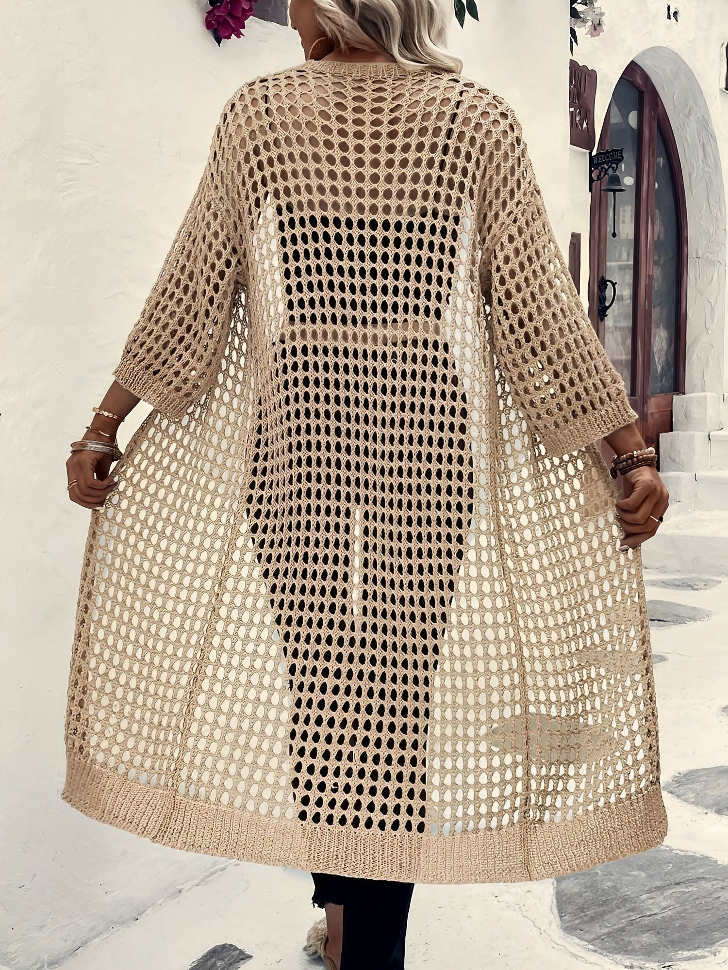 Hollow Knitted Mid-Length 3/4 Sleeves Open Front Jacket