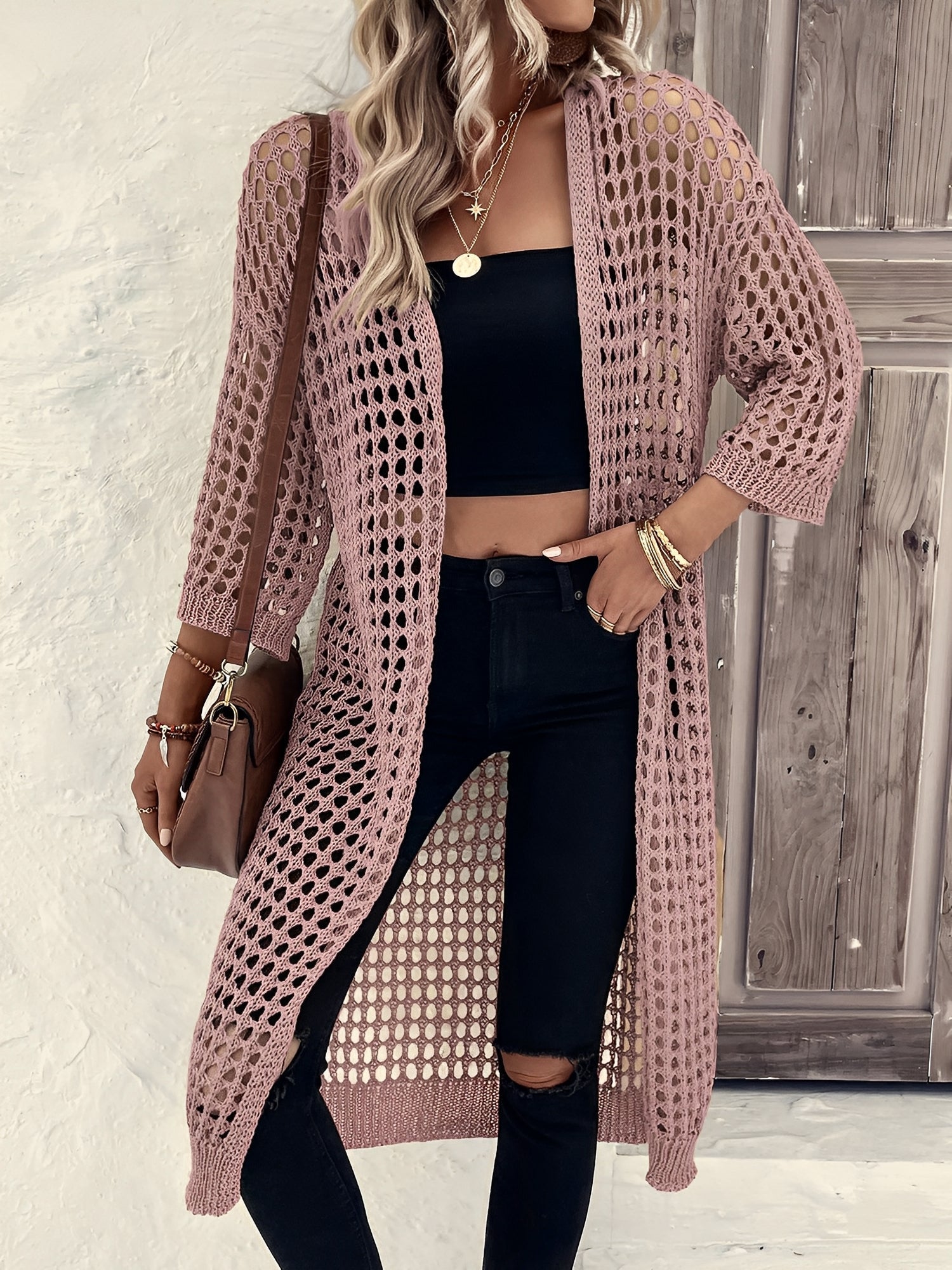 Hollow Knitted Mid-Length 3/4 Sleeves Open Front Jacket
