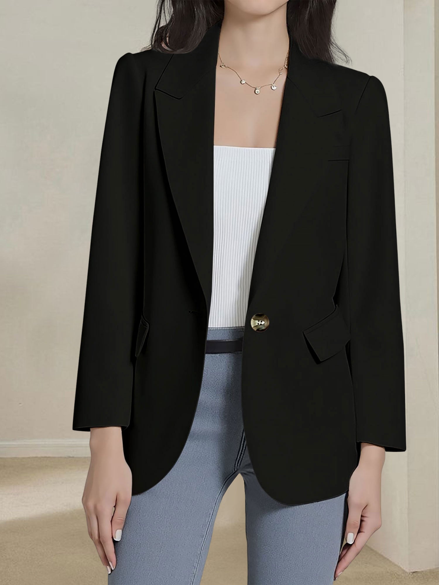 Notched Lapel Single Button Long Sleeves Blazer