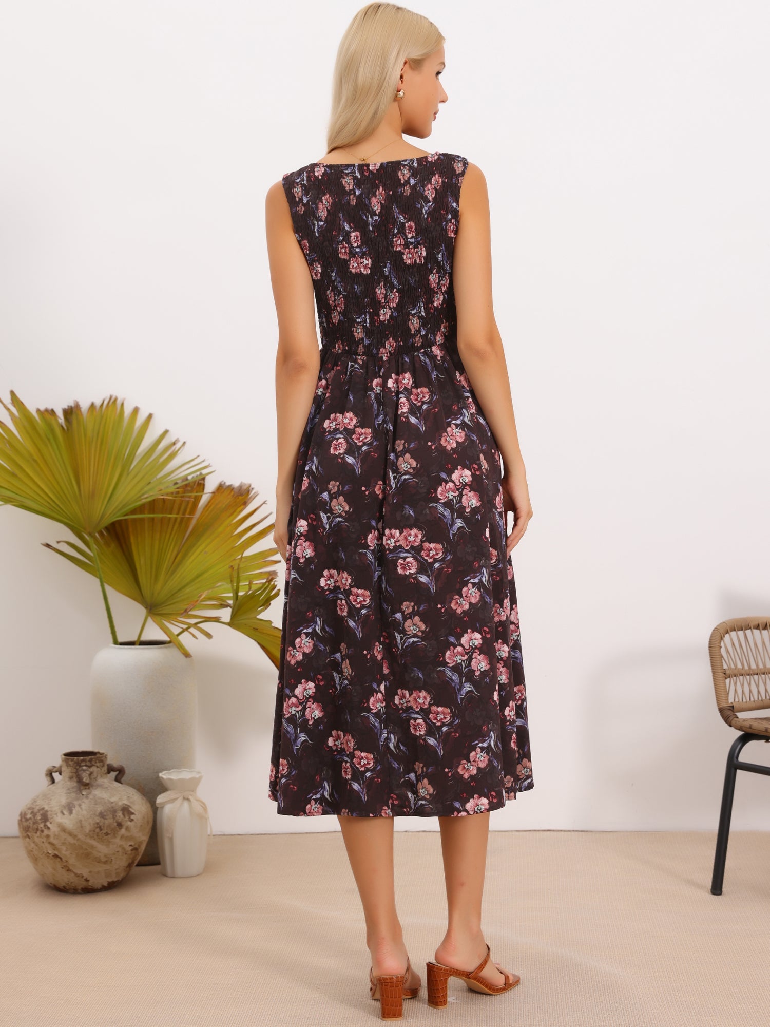 Square Neck Pockets Sleeveless Floral Midi Dress