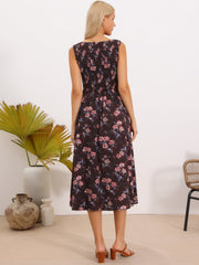 Square Neck Pockets Sleeveless Floral Midi Dress