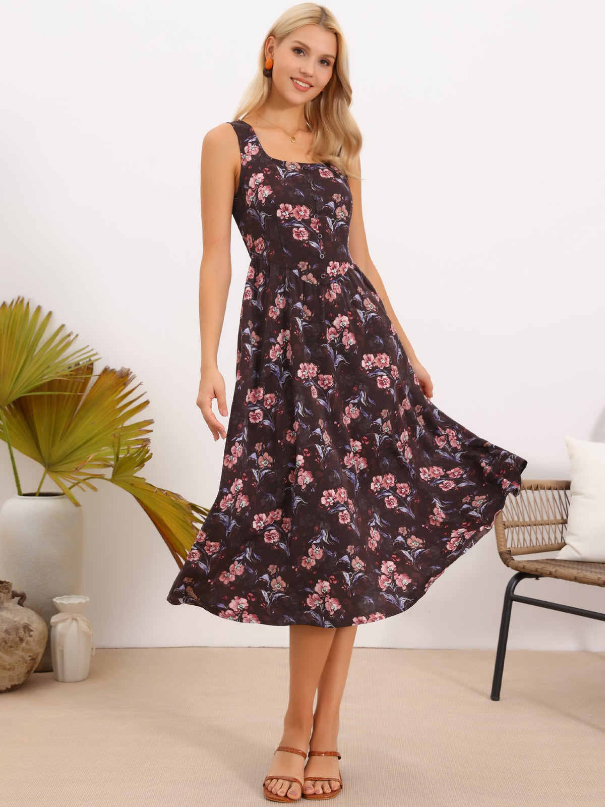 Square Neck Pockets Sleeveless Floral Midi Dress