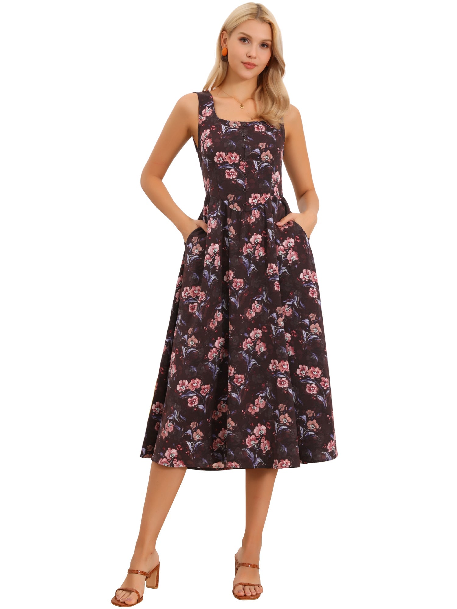Square Neck Pockets Sleeveless Floral Midi Dress