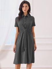 Striped Lapel Collared Tie WaistButton Down Short Sleeve Long Casual Dress