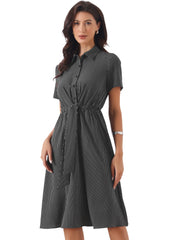 Striped Lapel Collared Tie WaistButton Down Short Sleeve Long Casual Dress