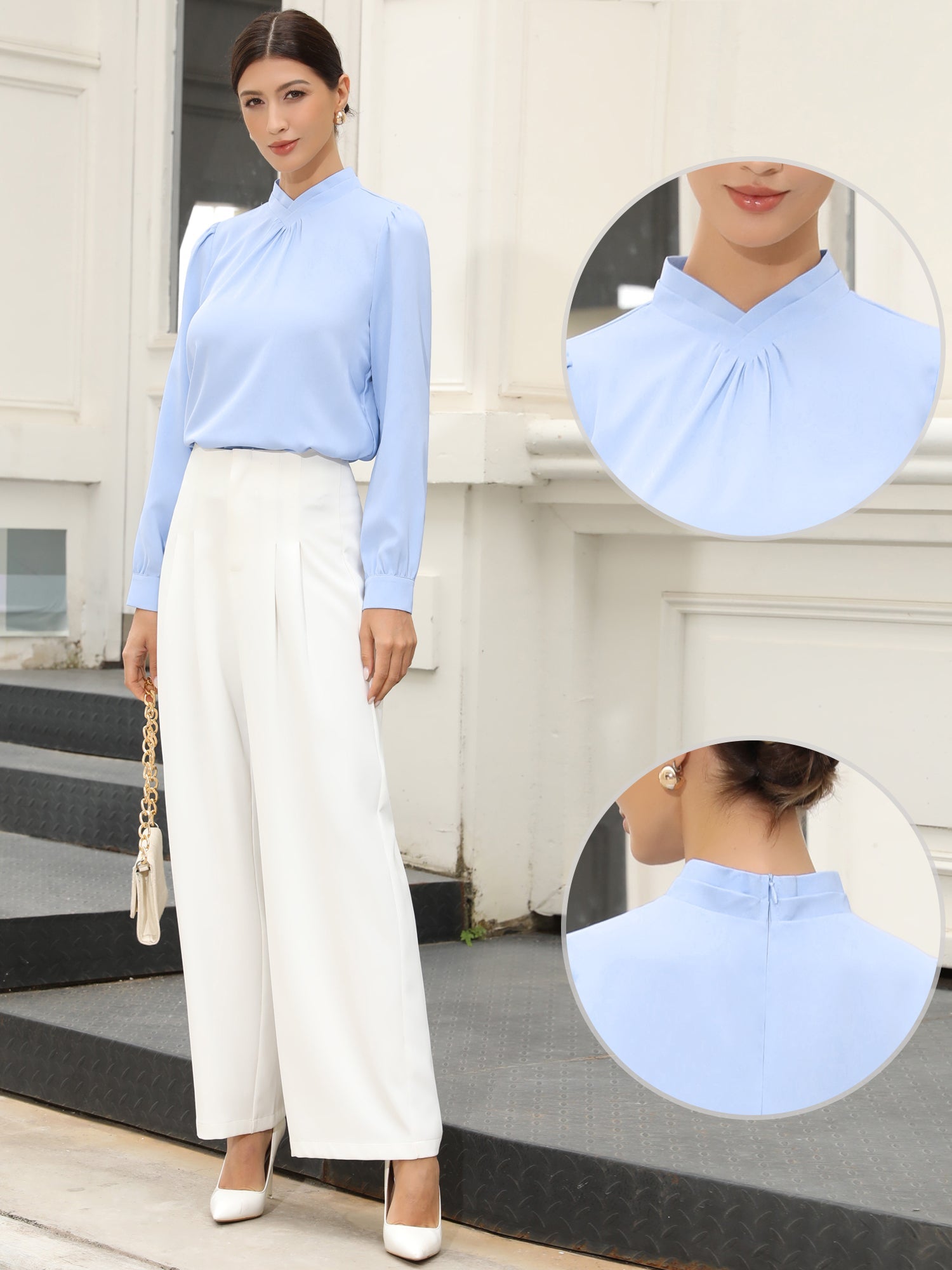 Work Business Casual Pleat Mock Neck Puff Long Sleeve Office Blouse