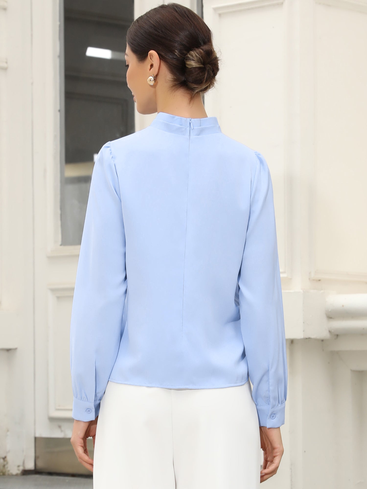 Work Business Casual Pleat Mock Neck Puff Long Sleeve Office Blouse