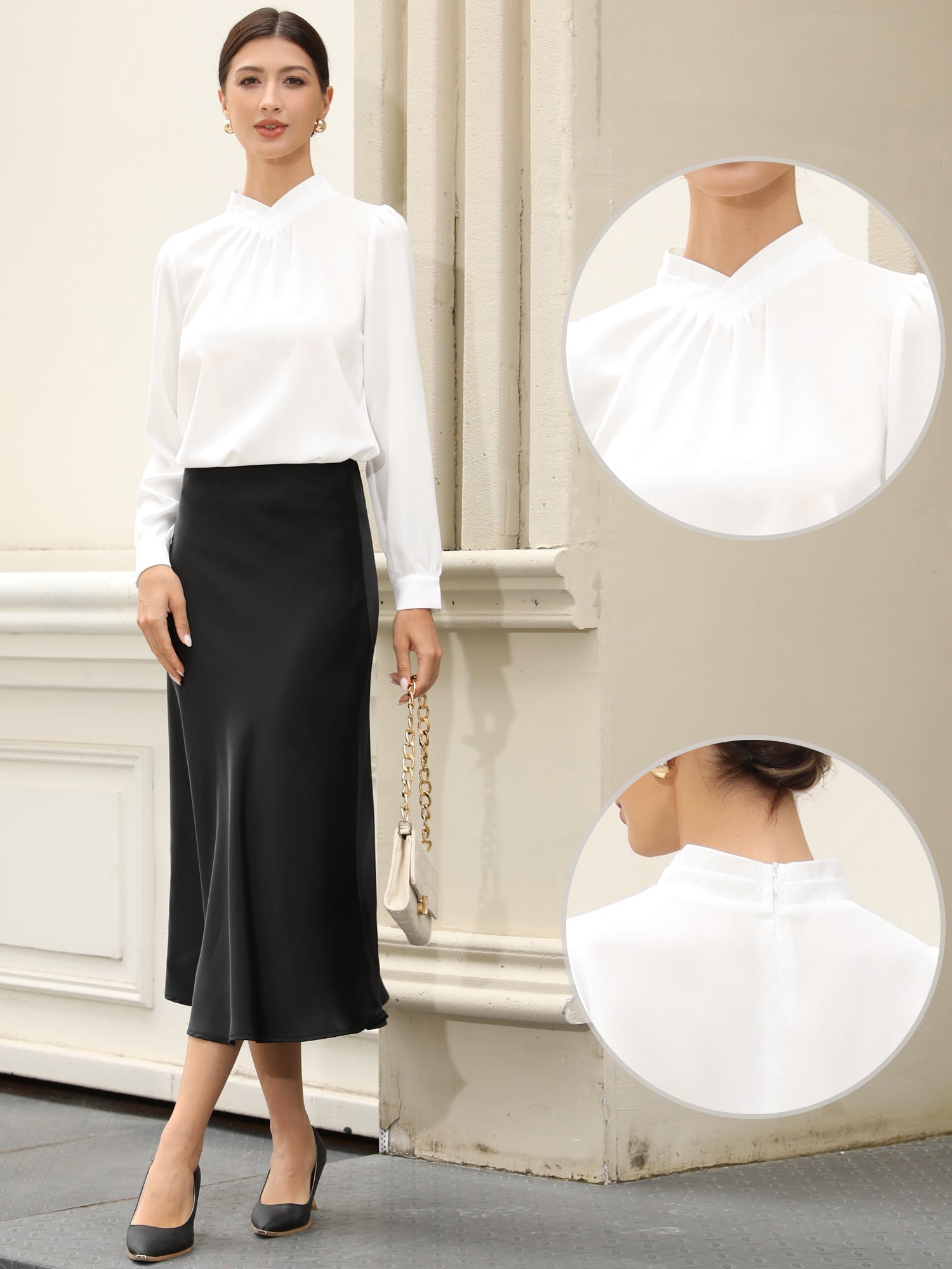 Work Business Casual Pleat Mock Neck Puff Long Sleeve Office Blouse
