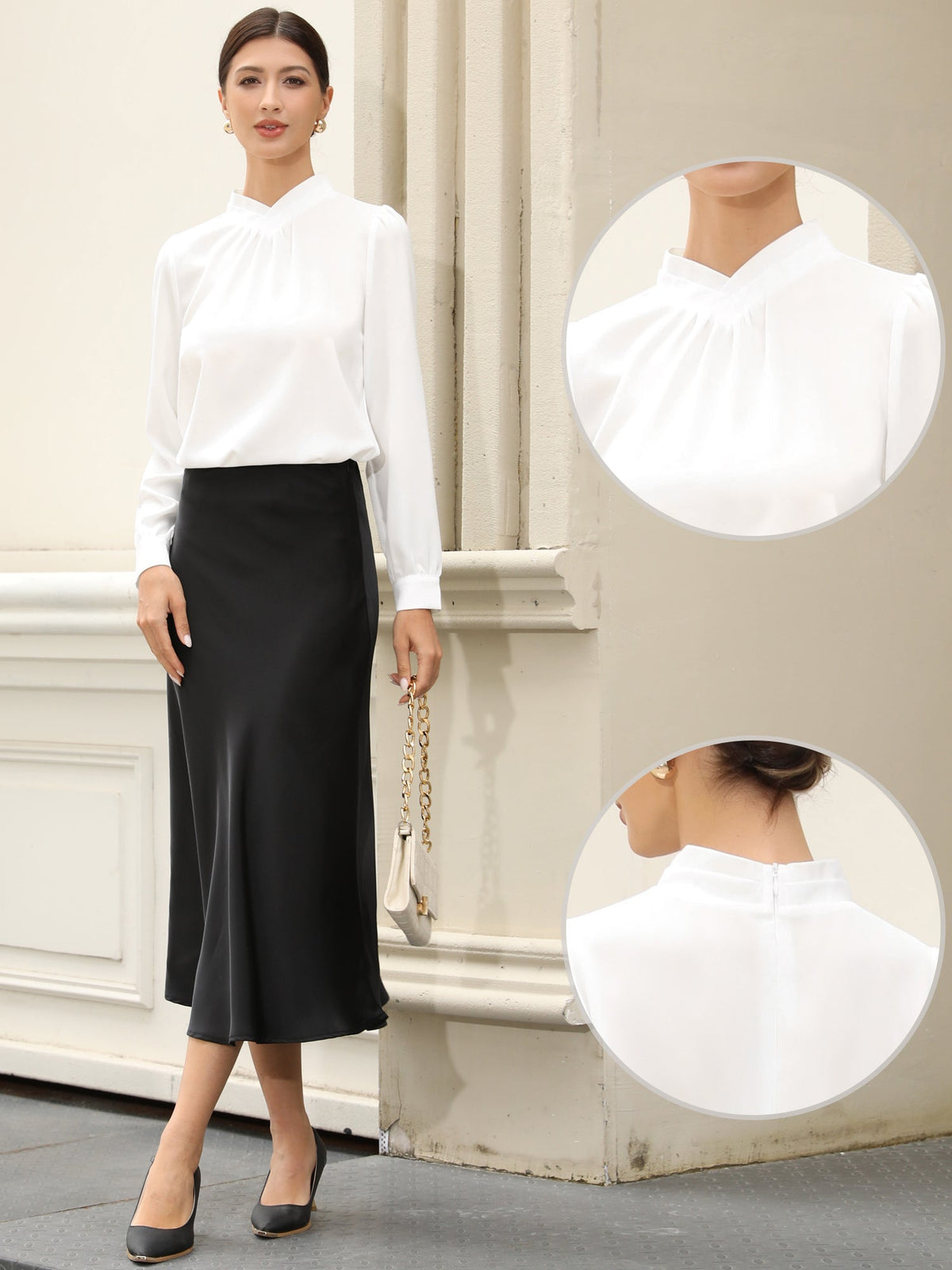 Work Business Casual Pleat Mock Neck Puff Long Sleeve Office Blouse