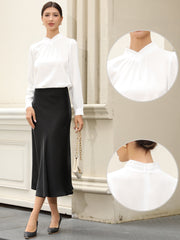 Work Business Casual Pleat Mock Neck Puff Long Sleeve Office Blouse