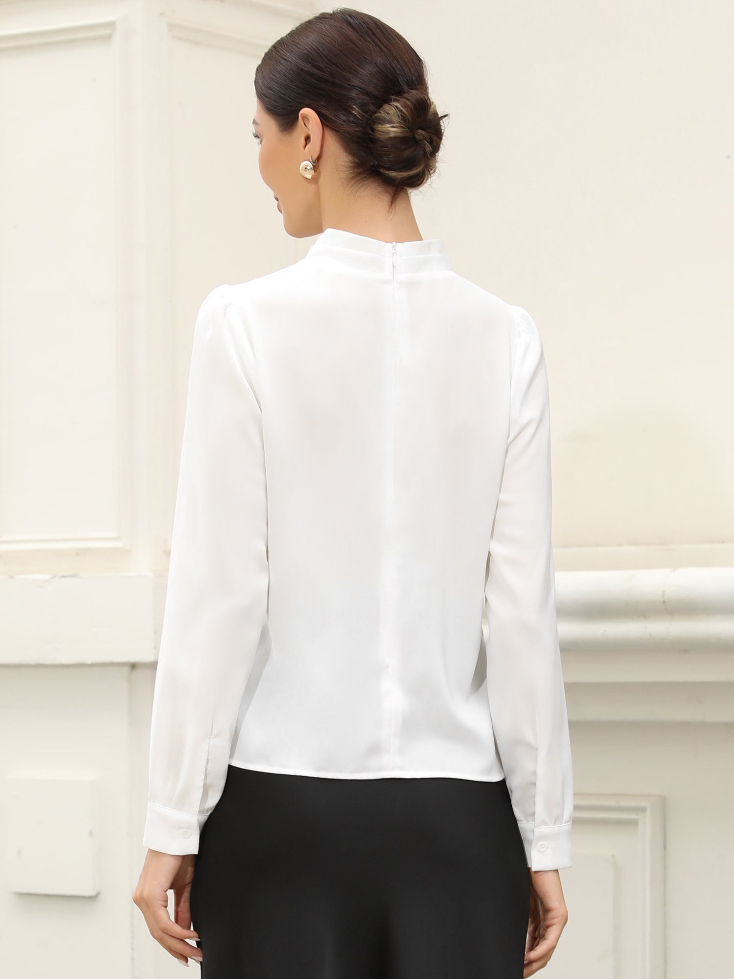 Work Business Casual Pleat Mock Neck Puff Long Sleeve Office Blouse